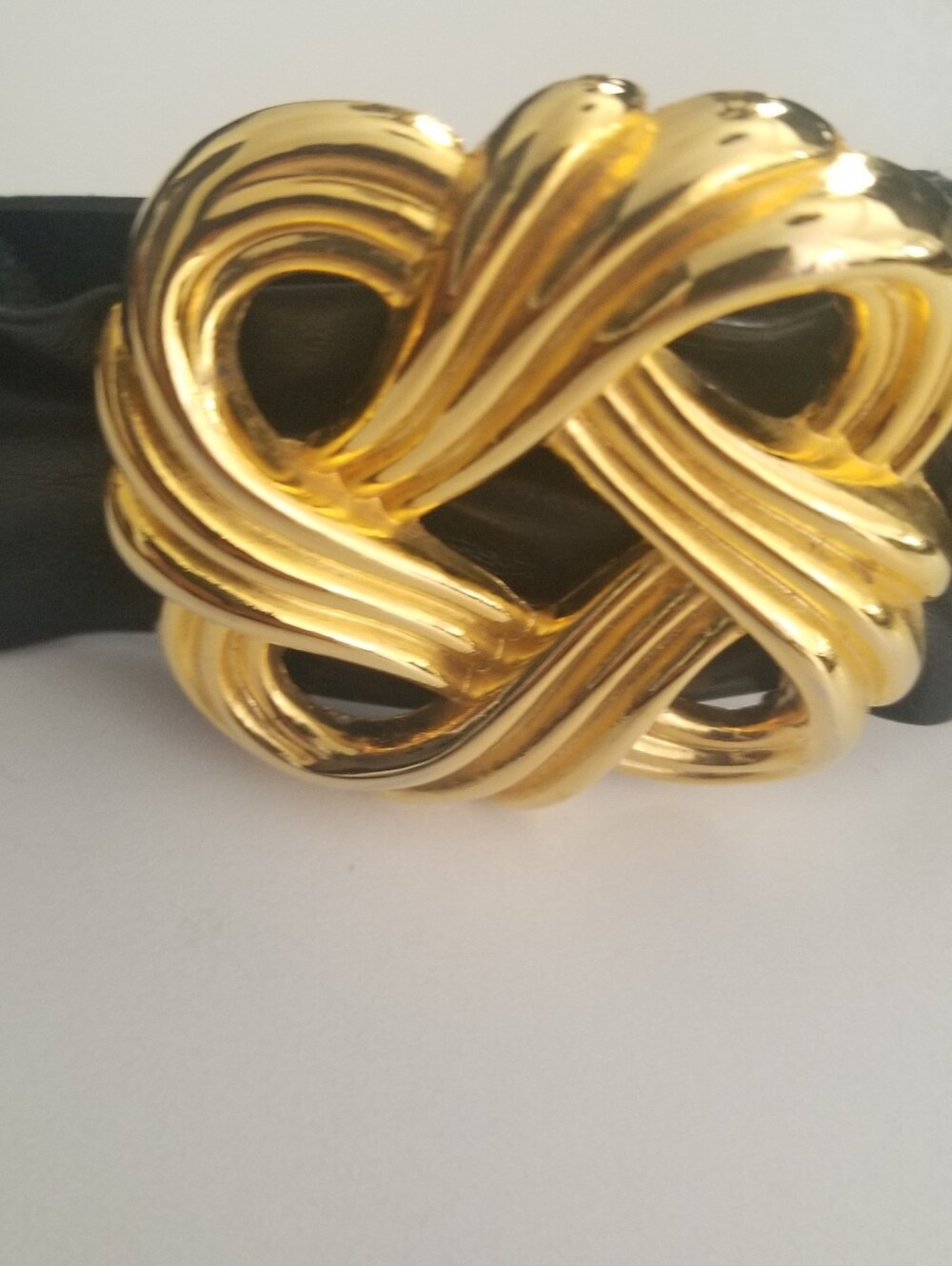 Vintage Jennifer Moore Black Genuine Leather Wide Waist Belt Gold Knot Buckle